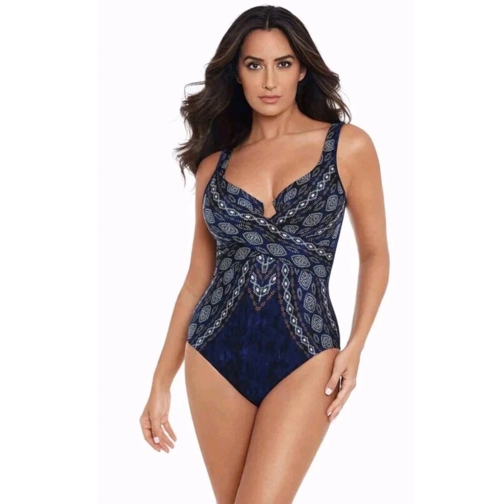 Miraclesuit Criss Cross Escape One Piece Swimsuit Teal Black Ikat Size 14 Nwot